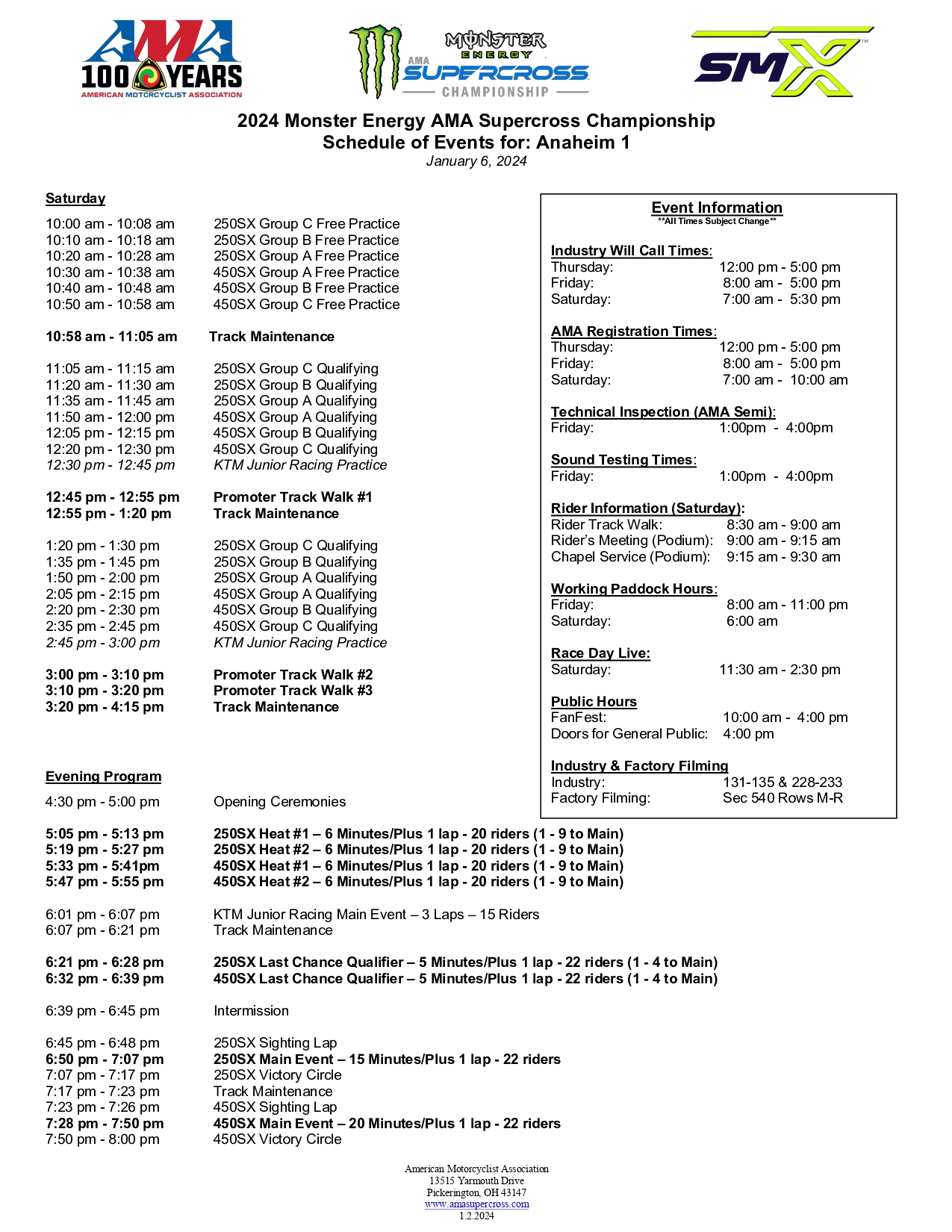 Il programma di gara del round #1 Supercross Usa ad Anaheim