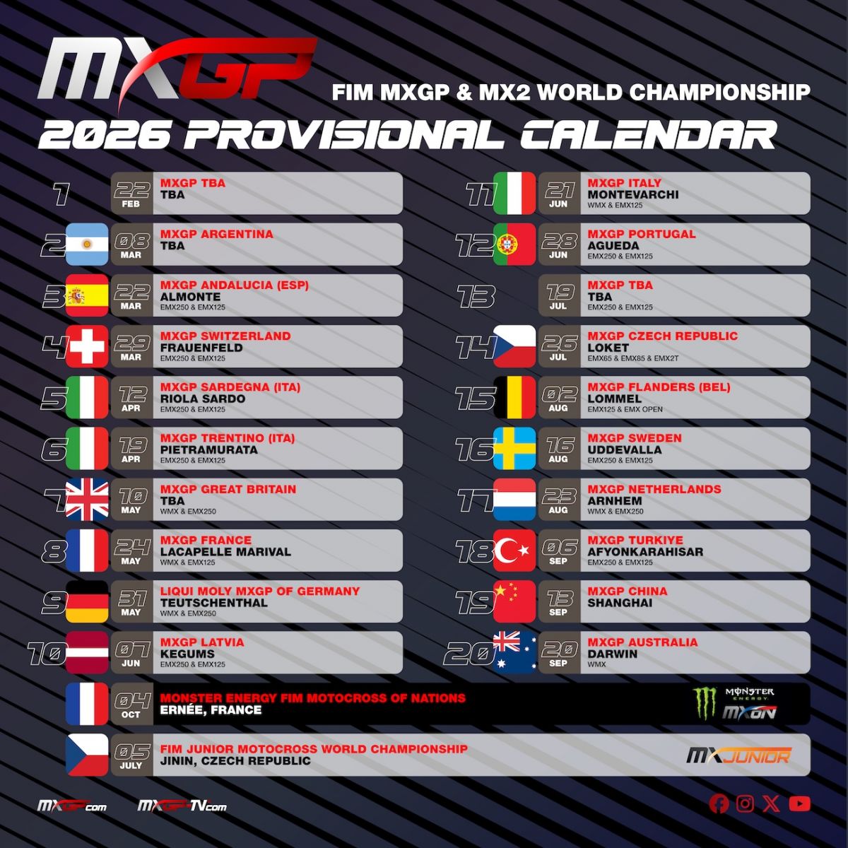 calendario provvisorio MXGP 2026 - 02-10-25