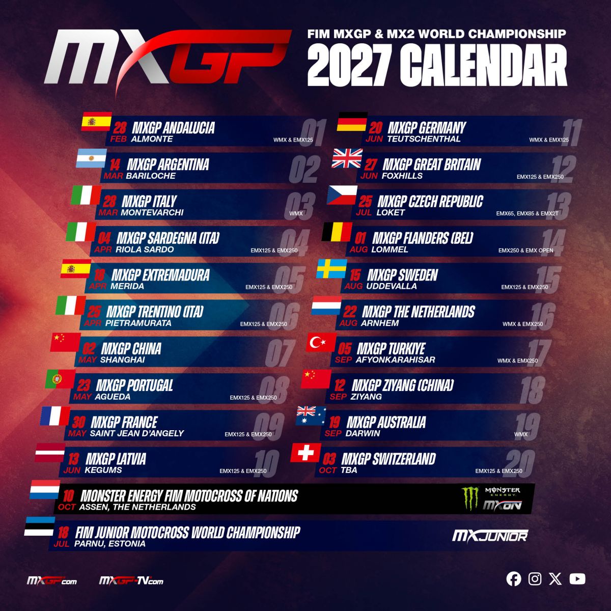 Calendario MXGP 2027 (agg. 15-10-26)